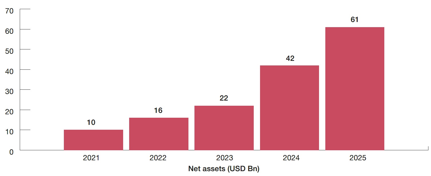 Figure 1: Net assets for largest 16 SEC-registered private equity-focused evergreen funds (2021-2025)